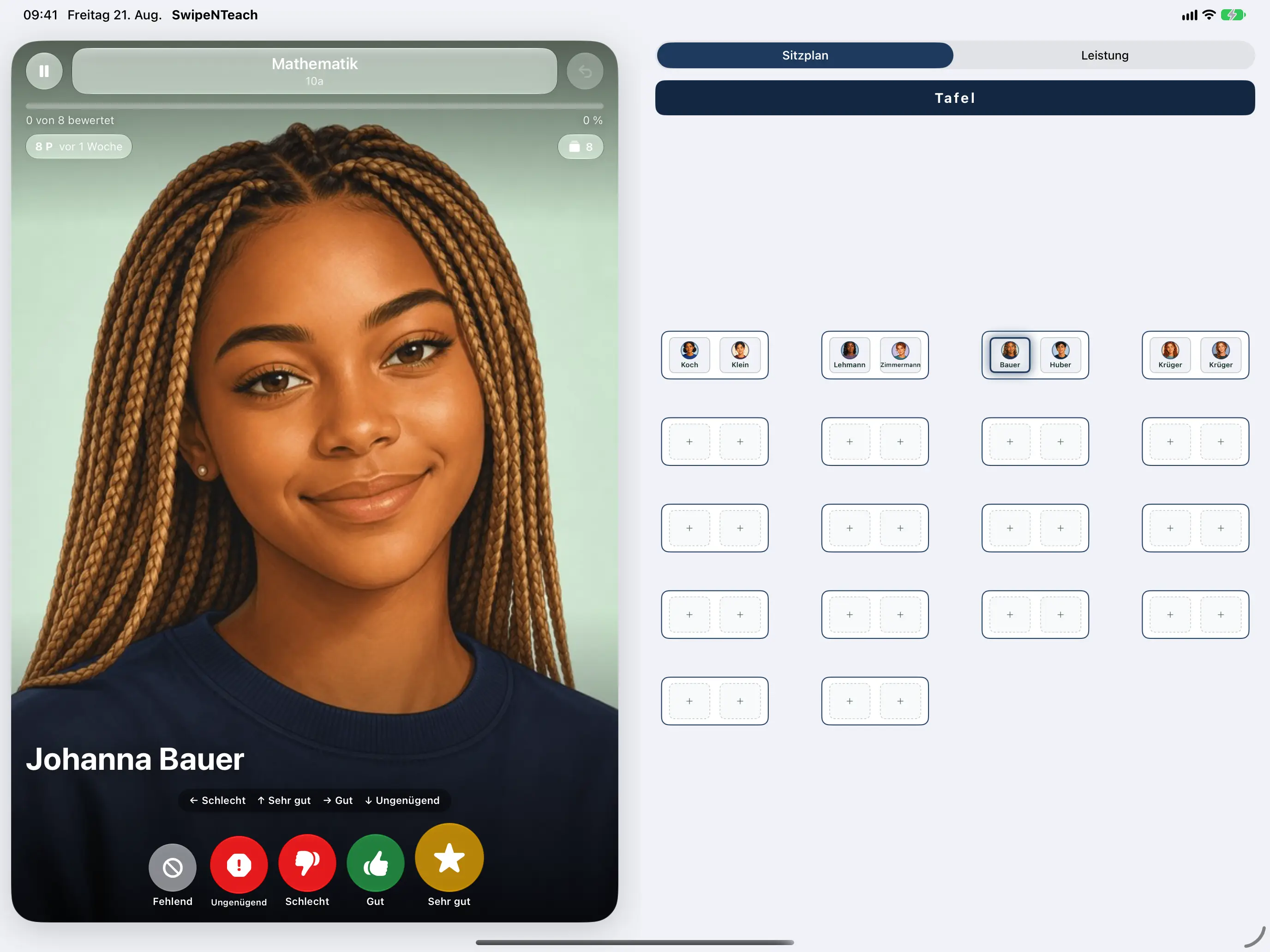 Swipe'N'Teach auf dem iPad: Bewertungsansicht links, Sitzplan des Raums rechts